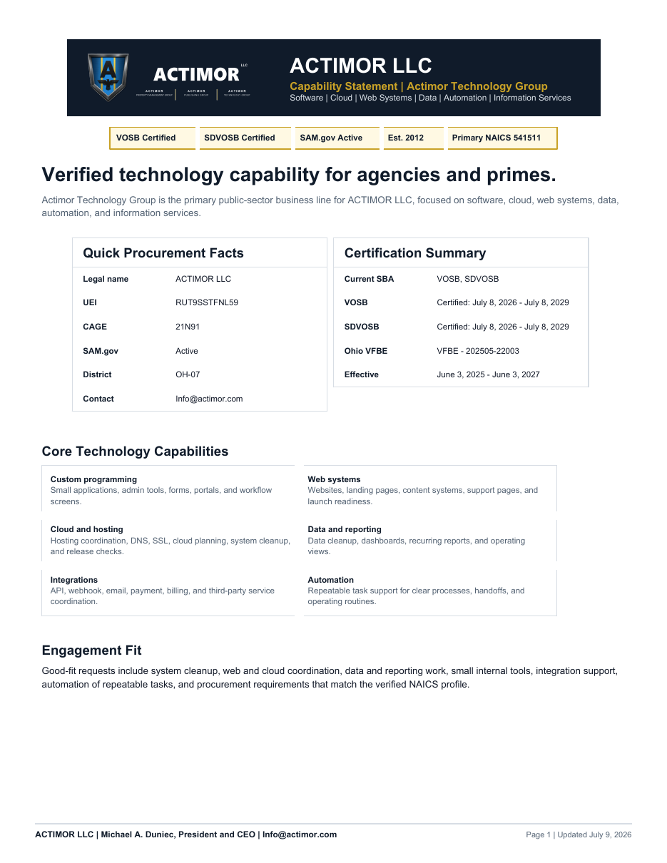 Preview of the ACTIMOR LLC capability statement